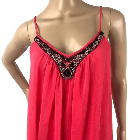 EXPRESS Embellished Beaded Mini Shift Dress Hot Pink Sleeveless A-Line V-Neck XS - Picture 2 of 6